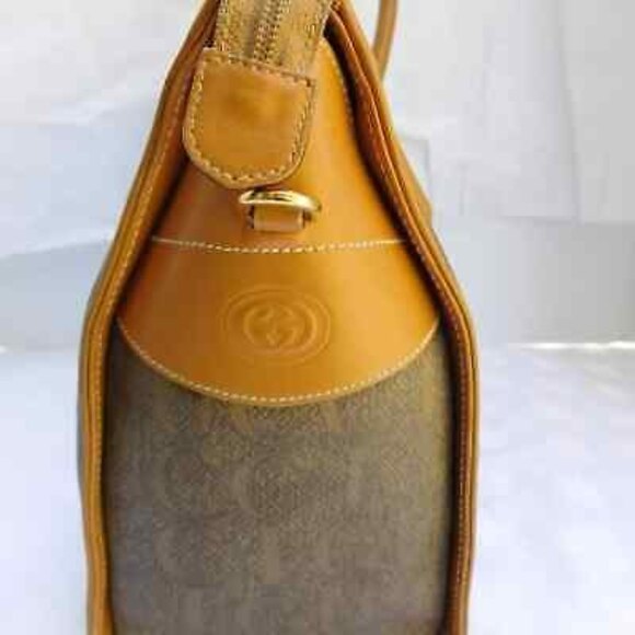 Vintage GUCCI Tan Monogram Canvas Leather Trim Spell-Out Logo Satchel - Picture 2 of 12